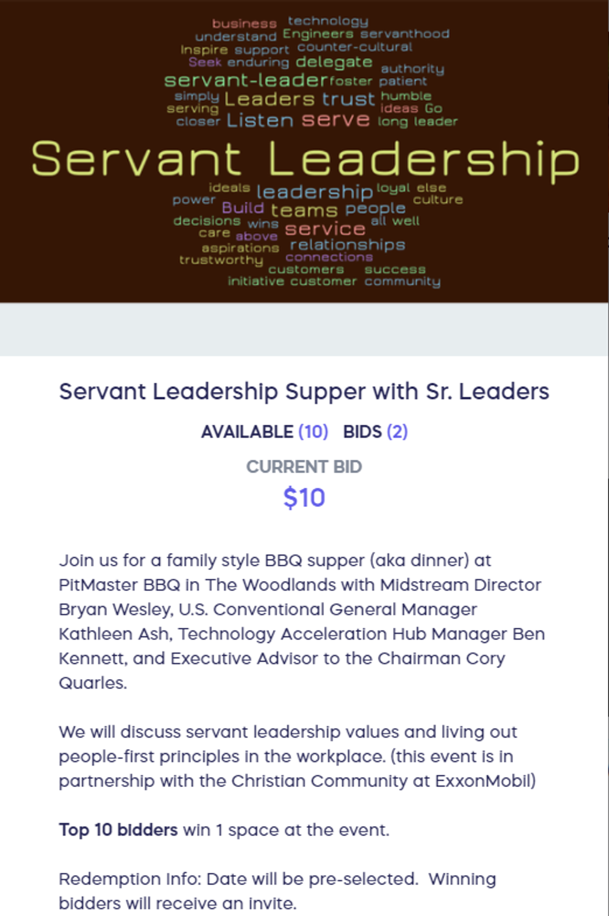 Servant Leadership Supper with Sr. Leaders